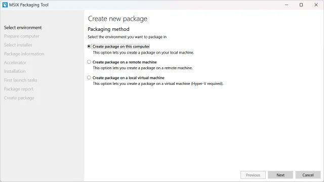 MSIX Packaging Tool geöffnet